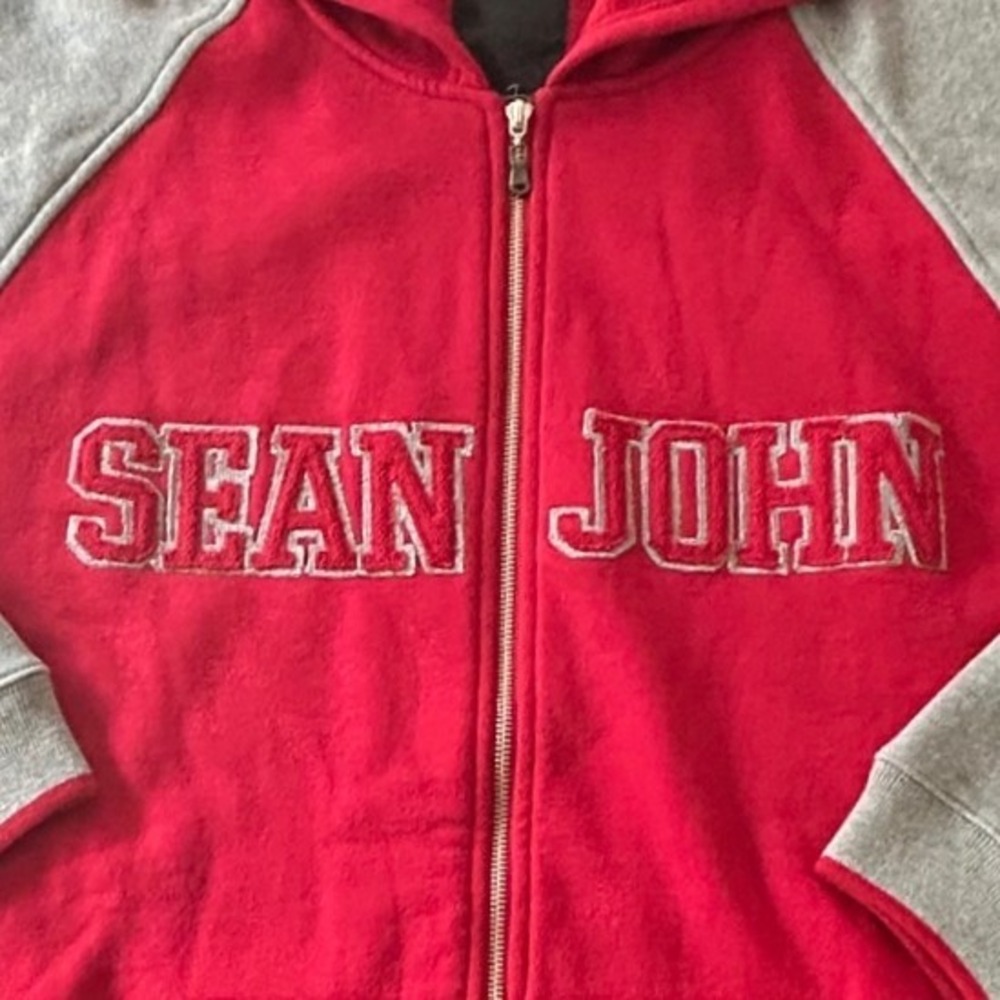 Sean John Full Zip Hoodie XL Red Gray Raglan Y2K Streetwear Baggy Urban Retro
